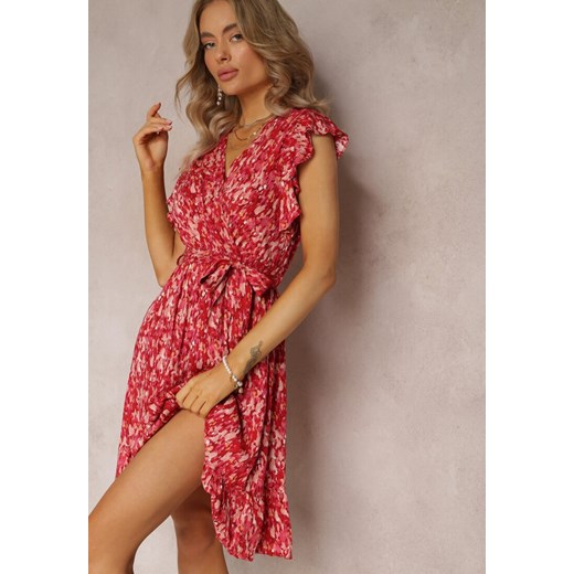 Czerwona Rozkloszowana Midi Sukienka w Kwiaty z Wiskozy Ściągana w Talii Gumką Renee M renee.pl okazja