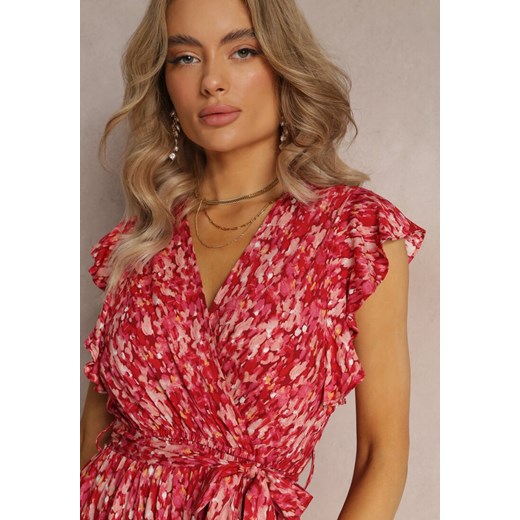 Czerwona Rozkloszowana Midi Sukienka w Kwiaty z Wiskozy Ściągana w Talii Gumką Renee XL okazja renee.pl