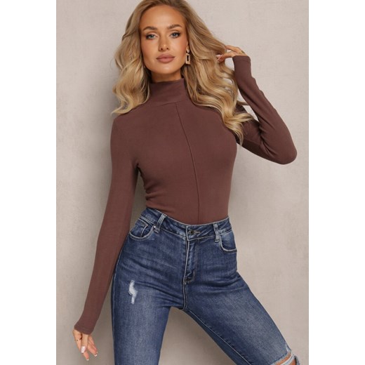 Brązowy Sweter Golf z Ozdobnym Przeszyciem Dayshawn ze sklepu renee.pl w kategorii Swetry damskie - zdjęcie 179870643