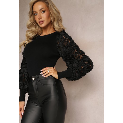 Czarny Dopasowany Sweter z Bufiastymi Zdobionymi Rękawami Theoris Renee S okazyjna cena renee.pl