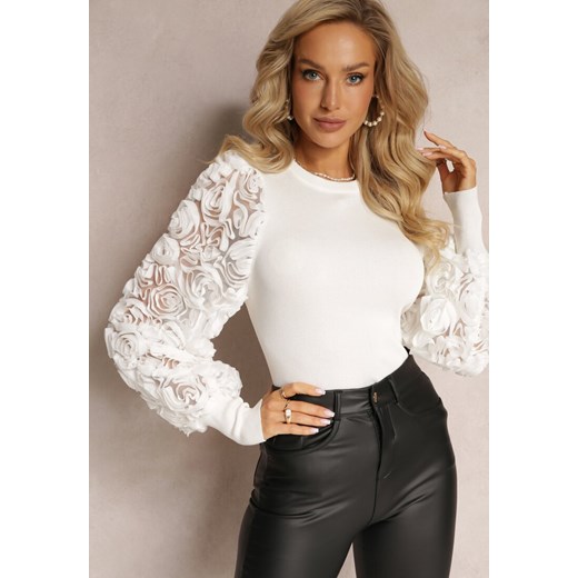 Biały Dopasowany Sweter z Bufiastymi Zdobionymi Rękawami Theoris Renee S wyprzedaż renee.pl