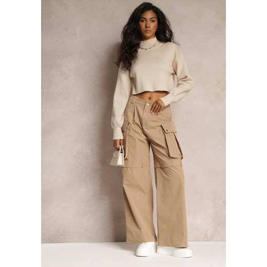 Beżowe Szerokie Spodnie High Waist w Stylu Cargo Vomisal ze sklepu renee.pl w kategorii Spodnie damskie - zdjęcie 179872103