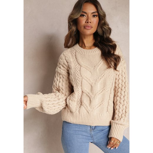 Beżowy Sweter z Wełną i Bawełną w Warkoczykowy Splot Kestina ze sklepu renee.pl w kategorii Swetry damskie - zdjęcie 179872341