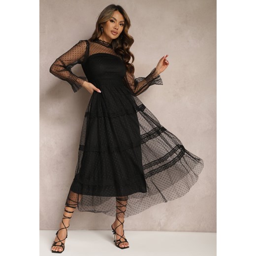 Czarna Koronkowa Sukienka Rozkloszowana z Falbanką Faberlla ze sklepu renee.pl w kategorii Sukienki - zdjęcie 179873440