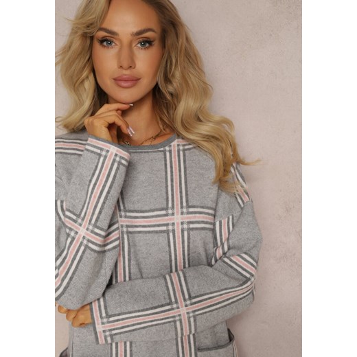 Sukienka Renee szara casual w kratkę z długimi rękawami oversize na spacer 