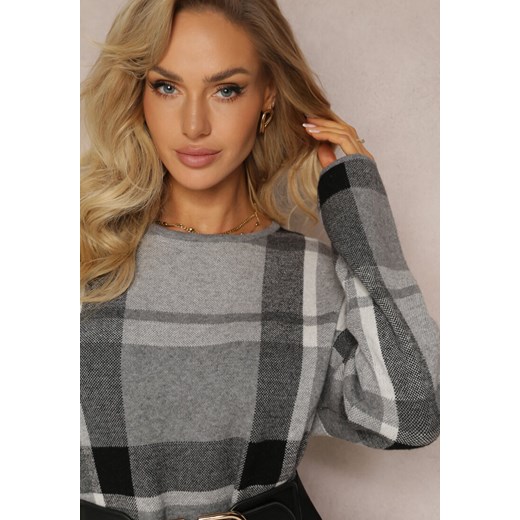 Szara Dzianinowa Sukienka Midi Ozdobiona Wzorem w Kratę Bimara Renee XL wyprzedaż renee.pl