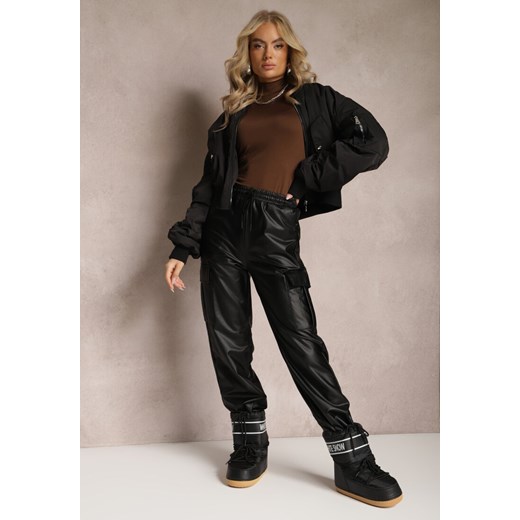 Czarne Szerokie Spodnie High Waist Ocieplone w Stylu Cargo z Gumką w Pasie i Kieszeniami na Klapy Vilencja ze sklepu renee.pl w kategorii Spodnie damskie - zdjęcie 179874173