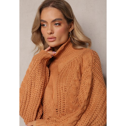 Sweter damski Renee brązowy casual z okrągłym dekoltem