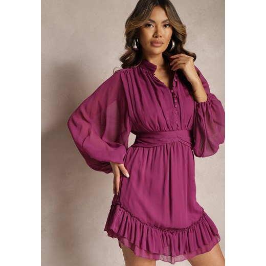 Fioletowa Sukienka Mini z Marszczoną Gumką i Przezroczystymi Rękawami Janay ze sklepu renee.pl w kategorii Sukienki - zdjęcie 179875954