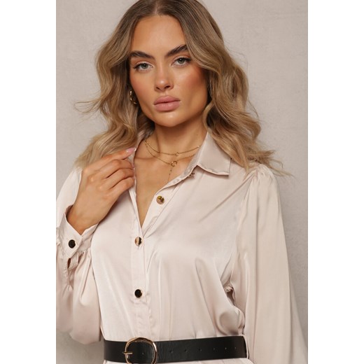 Beżowa Koszulowa Sukienka Midi z Paskiem i Ozdobną Falbanką Mulimani Renee M wyprzedaż renee.pl