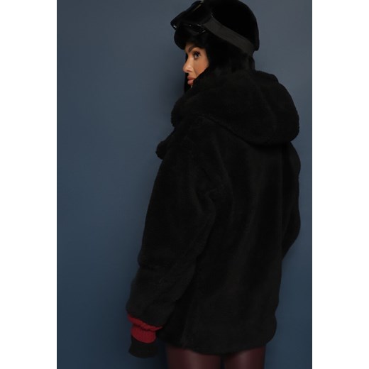 Czarna Futerkowa Kurtka Teddy z Kapturem z Wsuwanymi Kieszeniami Gerovia Renee S wyprzedaż renee.pl