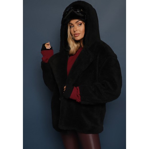 Czarna Futerkowa Kurtka Teddy z Kapturem z Wsuwanymi Kieszeniami Gerovia Renee M wyprzedaż renee.pl