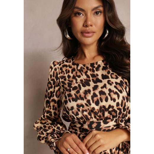 Beżowo-Brązowa Rozkloszowana Sukienka Mini w Panterkowy Wzór z Ozdobnymi Renee L promocyjna cena renee.pl