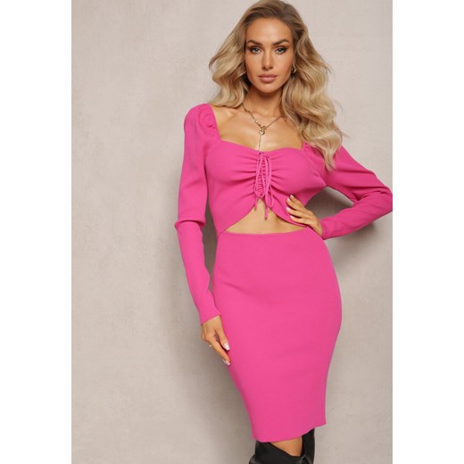Fuksjowa Prążkowana Mini Sukienka o Dopasowanym Fasonie z Wiązaniem i Wycięciem Xerdessa ze sklepu renee.pl w kategorii Sukienki - zdjęcie 179876512