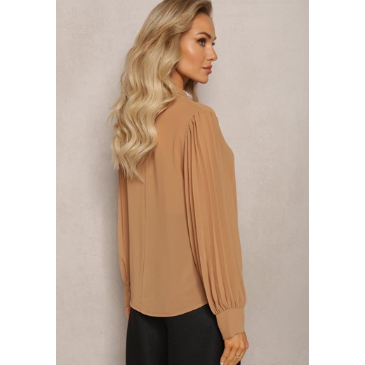 Brązowa Bluzka z Wiązaniem wokół Szyi i Plisowanym Rękawem Henokia Renee ONE SIZE renee.pl promocyjna cena