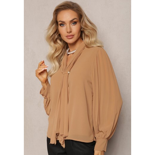 Brązowa Bluzka z Wiązaniem wokół Szyi i Plisowanym Rękawem Henokia Renee ONE SIZE okazyjna cena renee.pl