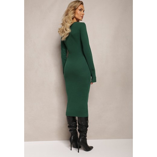 Ciemnozielona Dopasowana Sukienka Dzianinowa z Naszywką Kwiatu Sathea Renee ONE SIZE okazja renee.pl