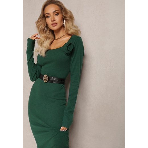 Ciemnozielona Dopasowana Sukienka Dzianinowa z Naszywką Kwiatu Sathea Renee ONE SIZE okazja renee.pl