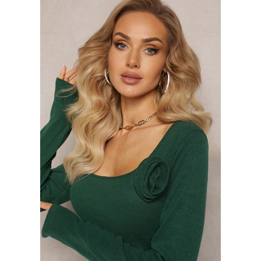 Ciemnozielona Dopasowana Sukienka Dzianinowa z Naszywką Kwiatu Sathea Renee ONE SIZE okazja renee.pl