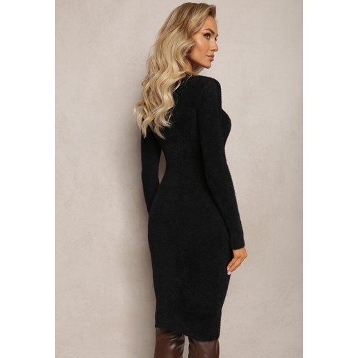 Czarna Wełniana Sukienka Midi Prążkowana z Półgolfem Sebhatta Renee ONE SIZE renee.pl okazyjna cena