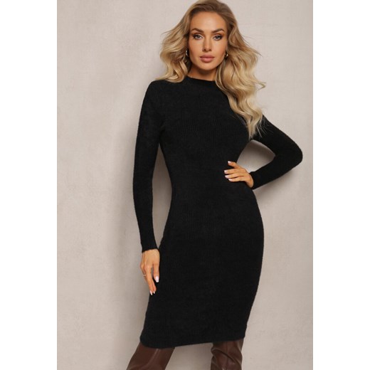 Czarna Wełniana Sukienka Midi Prążkowana z Półgolfem Sebhatta Renee ONE SIZE okazja renee.pl