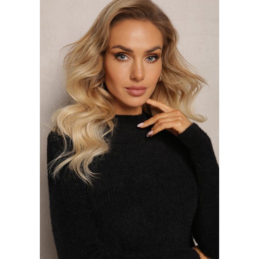 Czarna Wełniana Sukienka Midi Prążkowana z Półgolfem Sebhatta Renee ONE SIZE okazja renee.pl