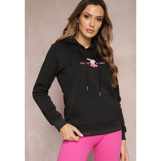Czarna Ocieplona Bluza z Kapturem Ozdobiona Naszywką i Napisem Eirellia Renee XL okazja renee.pl