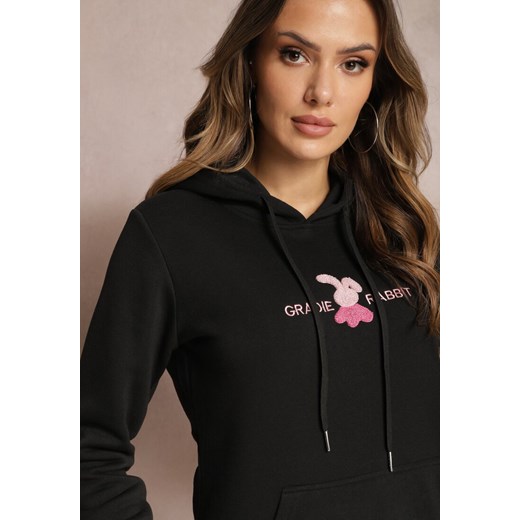 Czarna Ocieplona Bluza z Kapturem Ozdobiona Naszywką i Napisem Eirellia Renee XL wyprzedaż renee.pl