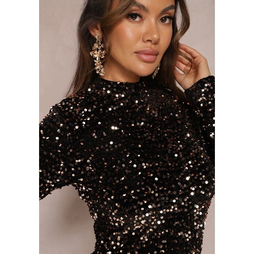 Czarno-Złota Cekinowa Sukienka Mini z Półgolfem Rottamia Renee M okazja renee.pl