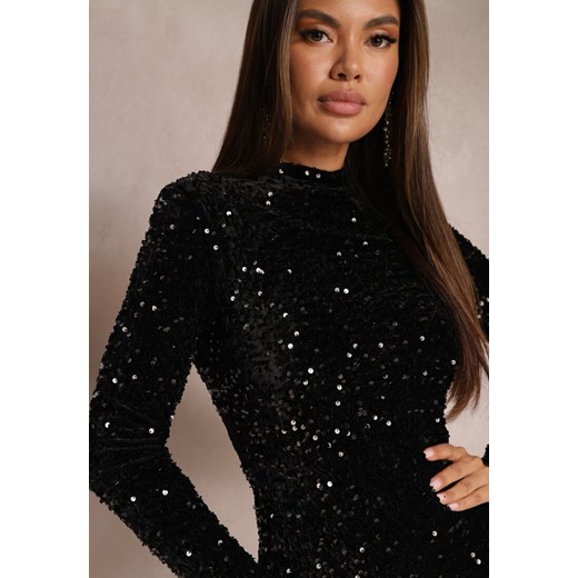 Czarna Cekinowa Sukienka Mini z Półgolfem Rottamia Renee L renee.pl okazja