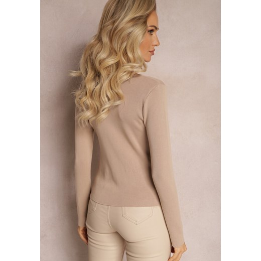 Beżowa Elastyczna Bluzka z Prążkowanego Materiału z Nieregularnym Dekoltem Renee ONE SIZE wyprzedaż renee.pl