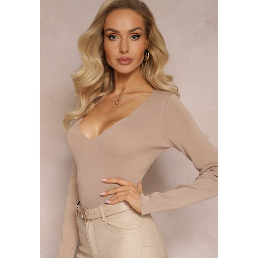 Beżowa Elastyczna Bluzka z Prążkowanego Materiału z Nieregularnym Dekoltem Renee ONE SIZE wyprzedaż renee.pl