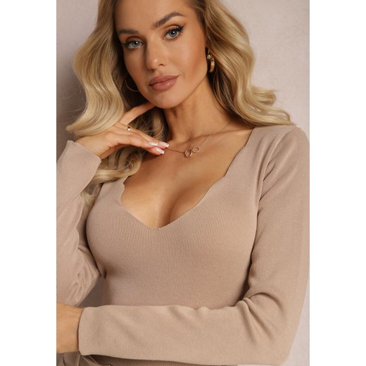 Beżowa Elastyczna Bluzka z Prążkowanego Materiału z Nieregularnym Dekoltem Renee ONE SIZE okazja renee.pl