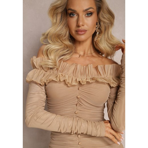 Ciemnobeżowa Dopasowana Sukienka Hiszpanka z Siateczki i Falbaną Sprlia Renee M wyprzedaż renee.pl