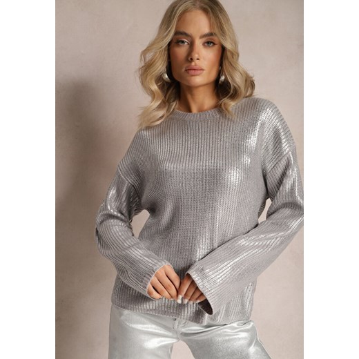 Srebrny Metaliczny Sweter z Długim Rękawem Vivalei ze sklepu renee.pl w kategorii Swetry damskie - zdjęcie 179880060