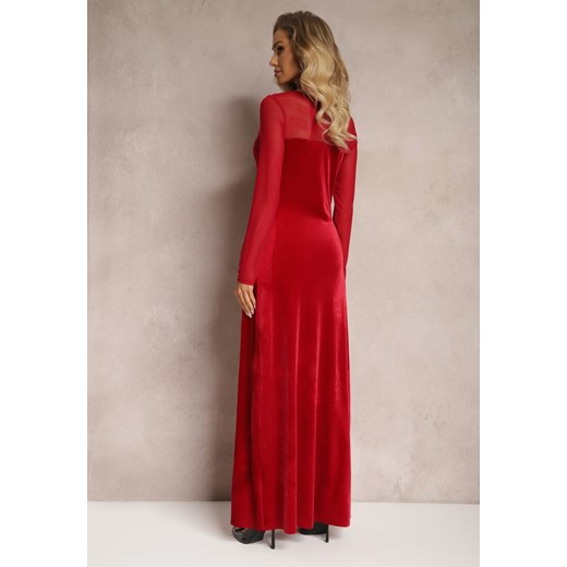 Czerwona Sukienka Maxi z Weluru z Siateczkowym Dekoltem i Rękawami Belved Renee S wyprzedaż renee.pl