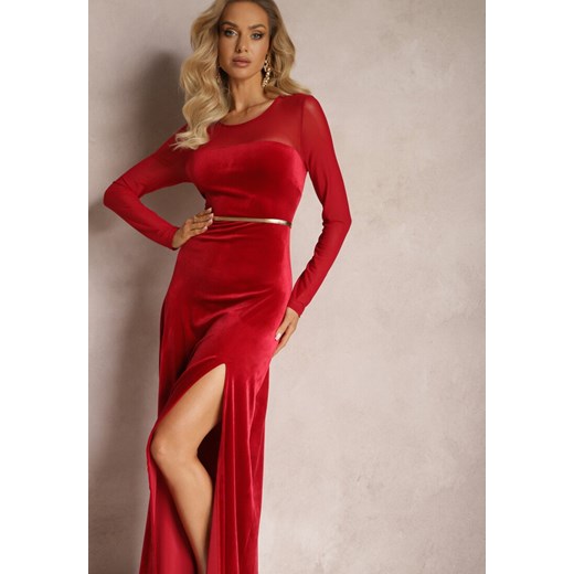 Czerwona Sukienka Maxi z Weluru z Siateczkowym Dekoltem i Rękawami Belved Renee M okazja renee.pl
