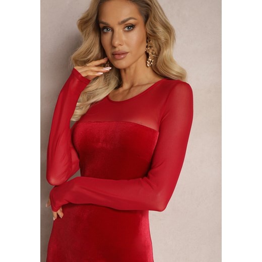Czerwona Sukienka Maxi z Weluru z Siateczkowym Dekoltem i Rękawami Belved Renee M okazyjna cena renee.pl