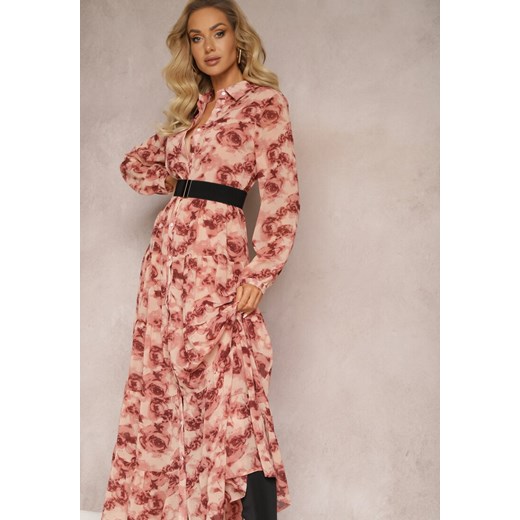 Różowa Rozkloszowana Sukienka Koszulowa Maxi w Kwiaty Nersa Renee XL wyprzedaż renee.pl