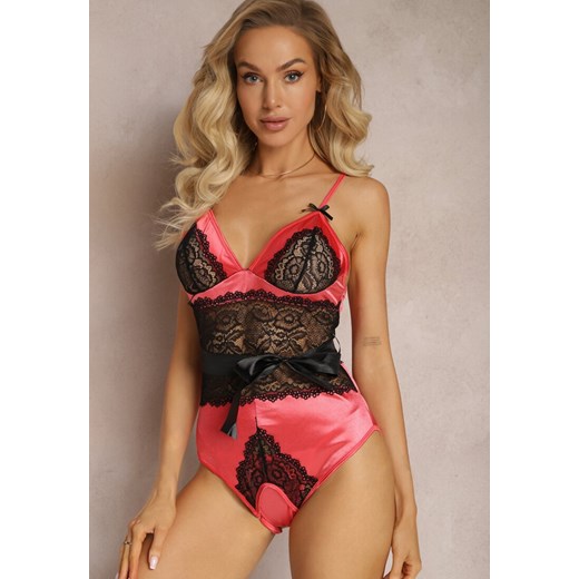 Różowo-Czarne Koronkowe Body ze Stringami z Paskiem w Talii Azuran ze sklepu renee.pl w kategorii Body damskie - zdjęcie 179881592