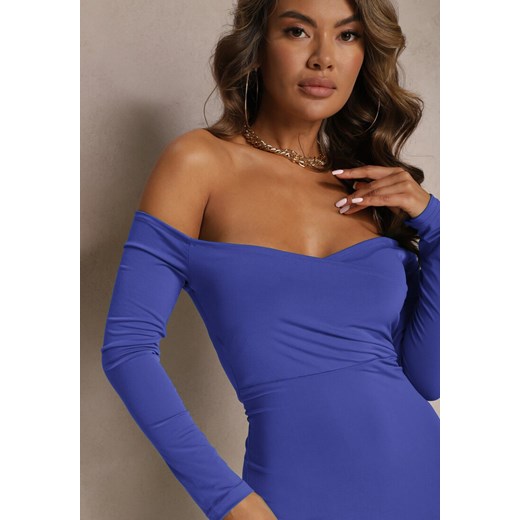 Granatowa Kopertowa Sukienka Midi Hiszpanka o Dopasowanym Kroju Vervena Renee M okazja renee.pl