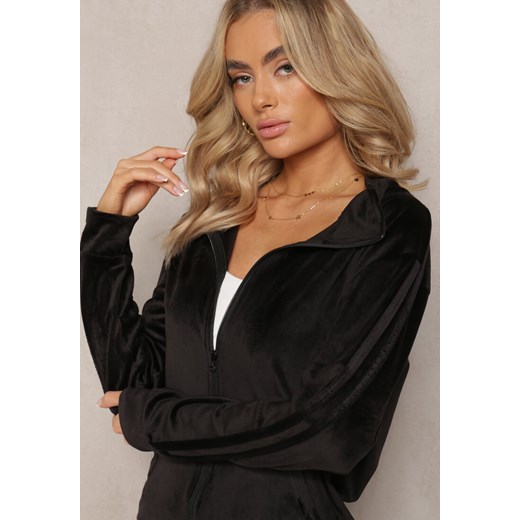 Czarny Komplet z Weluru Bluza i Spodnie Dresowe z Lampasami Blivia Renee S wyprzedaż renee.pl