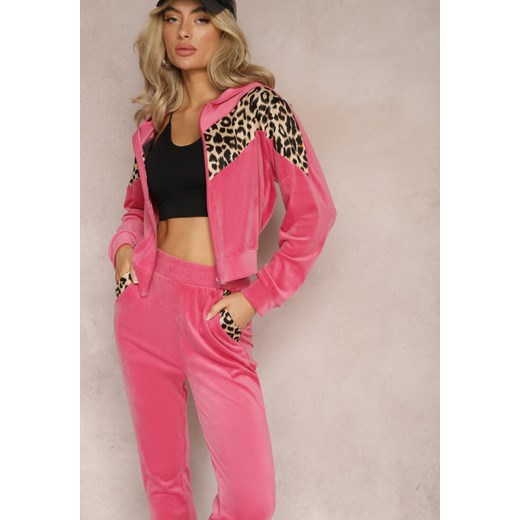Fuksjowy Welurowy Komplet Dresowy 2-Częściowy z Animal Print Bluza i Spodnie Atisilva ze sklepu renee.pl w kategorii Dresy damskie - zdjęcie 179883073