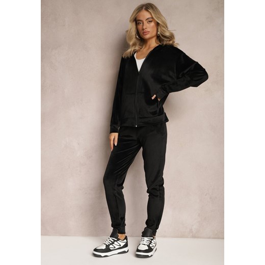 Czarny Welurowy Komplet Dresowy 2-Częściowy z Bluzą z Kapturem i Spodniami Fiksena ze sklepu renee.pl w kategorii Dresy damskie - zdjęcie 179883534