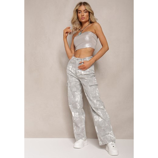 Jasnoszare Jeansy High Waist z Designerskim Wzorem z Szerokimi Nogawkami Joltta ze sklepu renee.pl w kategorii Jeansy damskie - zdjęcie 179883844