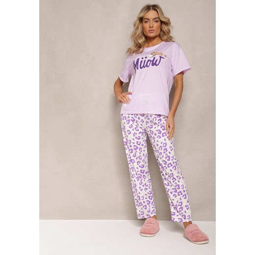 Fioletowy Komplet Piżamowy T-shirt z Nadrukiem i Proste Spodnie w Cętki i Szorty Nirelsa ze sklepu renee.pl w kategorii Piżamy damskie - zdjęcie 179884100