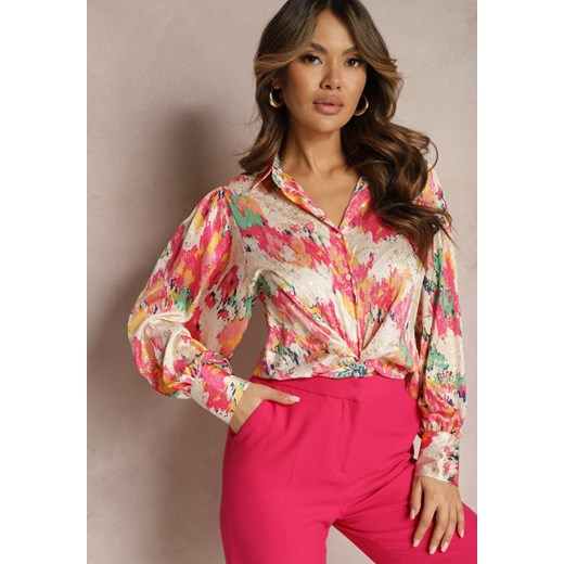 Beżowo-Różowa Koszula Ozdobiona Abstrakcyjnym Lekko Połyskującym Printem Xilene ze sklepu renee.pl w kategorii Koszule damskie - zdjęcie 179884504
