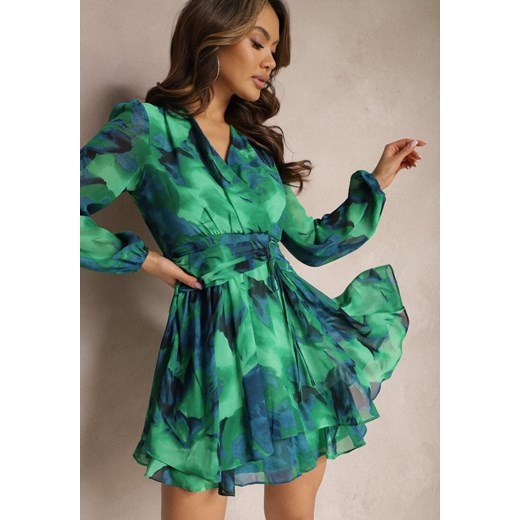 Zielona Krótka Sukienka Kopertowa z Abstrakcyjnym Wzorem Tie-Dye Mivern ze sklepu renee.pl w kategorii Sukienki - zdjęcie 179885750
