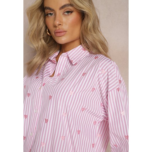 Różowa Bawełniana Koszula Ozdobiona Wzorem w Cienkie Paski i Serduszka Vatille ze sklepu renee.pl w kategorii Koszule damskie - zdjęcie 179886532