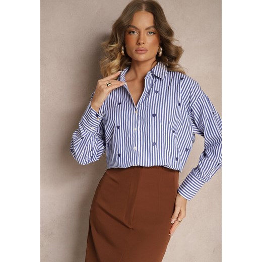 Granatowa Koszula z Bawełny w Paski z Wyhaftowanymi Serduszkami Aleriesa ze sklepu renee.pl w kategorii Koszule damskie - zdjęcie 179886602